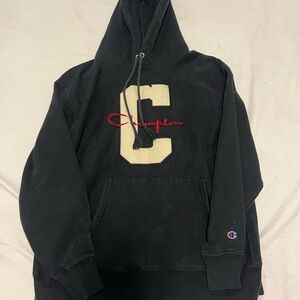 Champion Reverse Weave Hoodie XL - Varsity C Logo - Black Vintage Wash Pullover